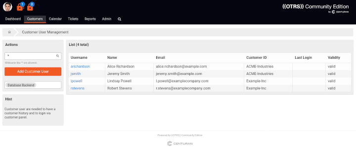 Customer users administration screen