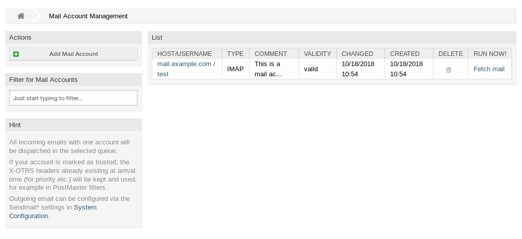 Mail Account Management Screen