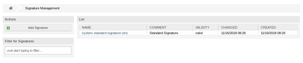 Signature Management Screen