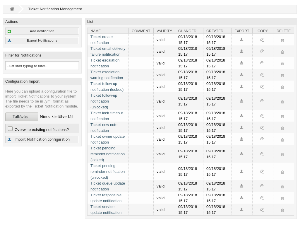 Ticket Notification Management Screen